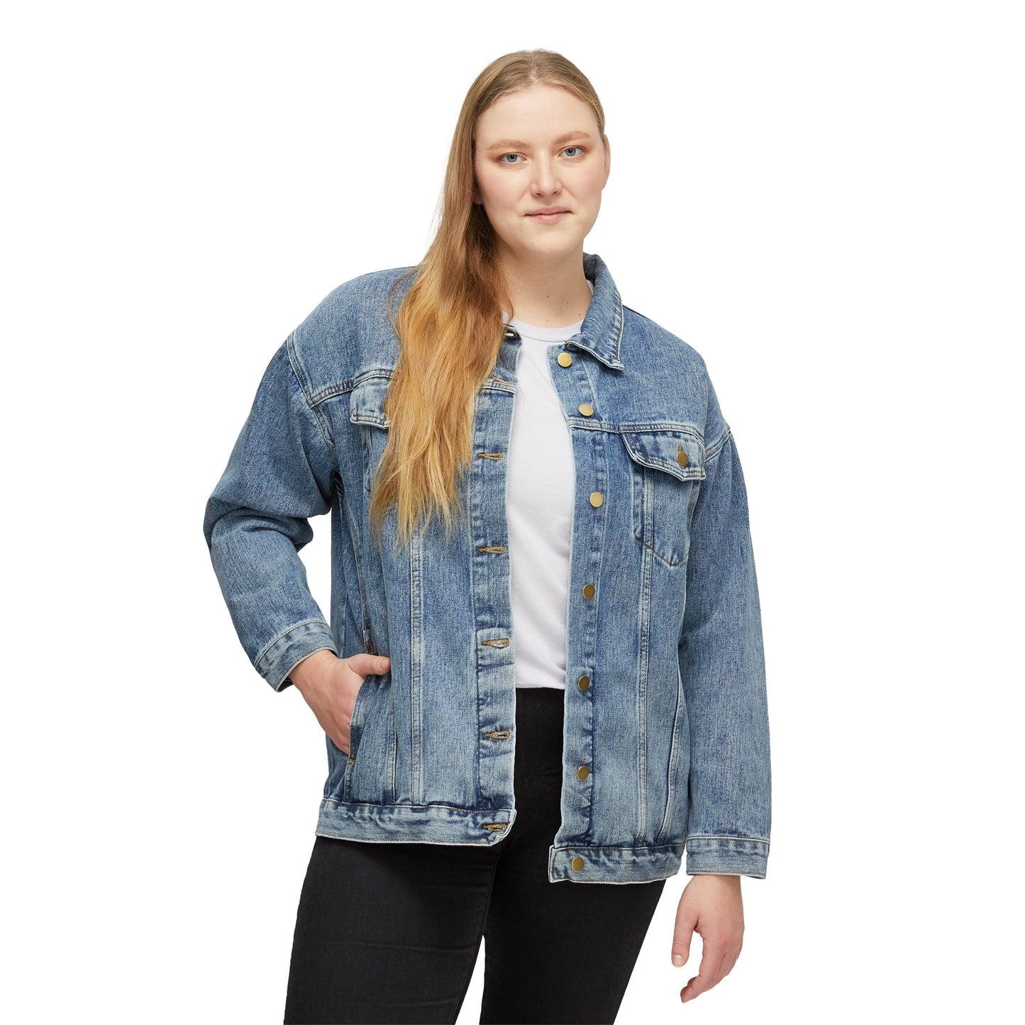 Women's Denim Jacket with Floral Love Graphic, Fashionable Outerwear, Perfect for Casual Days, Spring Outfits, Gift for Her - AUNTIEVIKKI