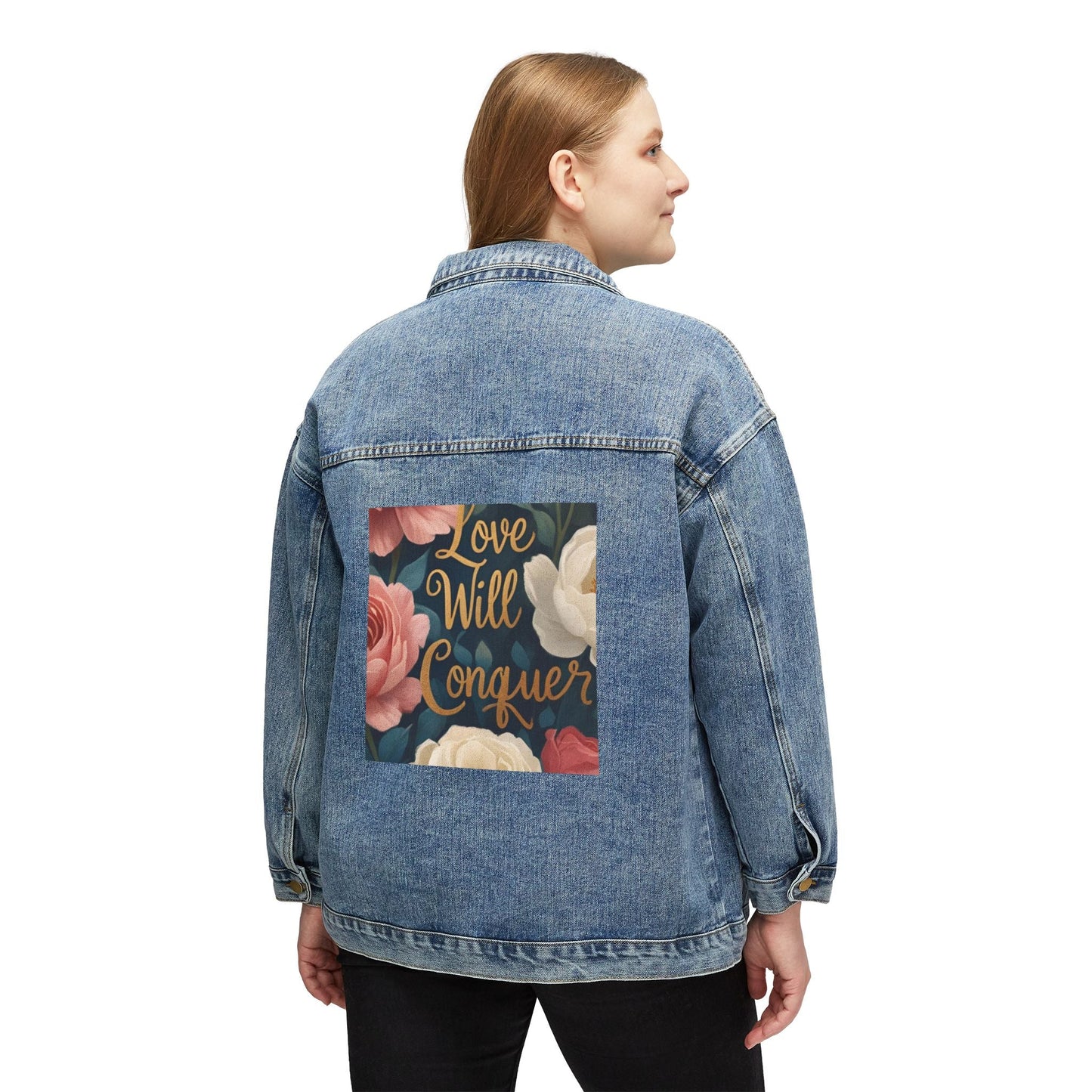 Women's Denim Jacket with Floral Love Graphic, Fashionable Outerwear, Perfect for Casual Days, Spring Outfits, Gift for Her - AUNTIEVIKKI