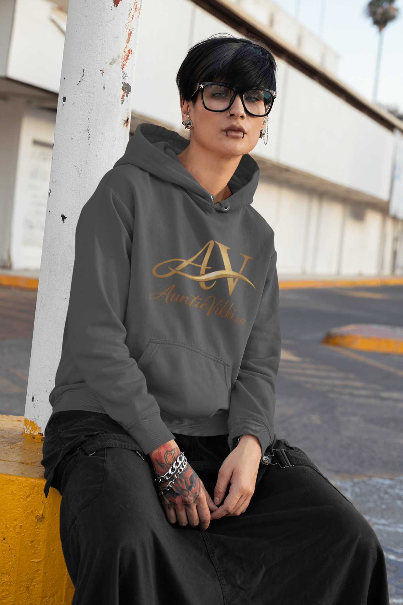 AuntieVikki Logo Hoodie - Gold Script AV Monogram Pullover - AUNTIE VIKKI