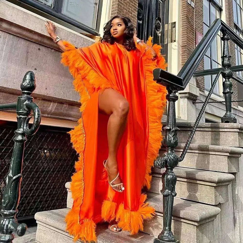 Orange Feathered Loose Dress Luxury Robe - AUNTIE VIKKI