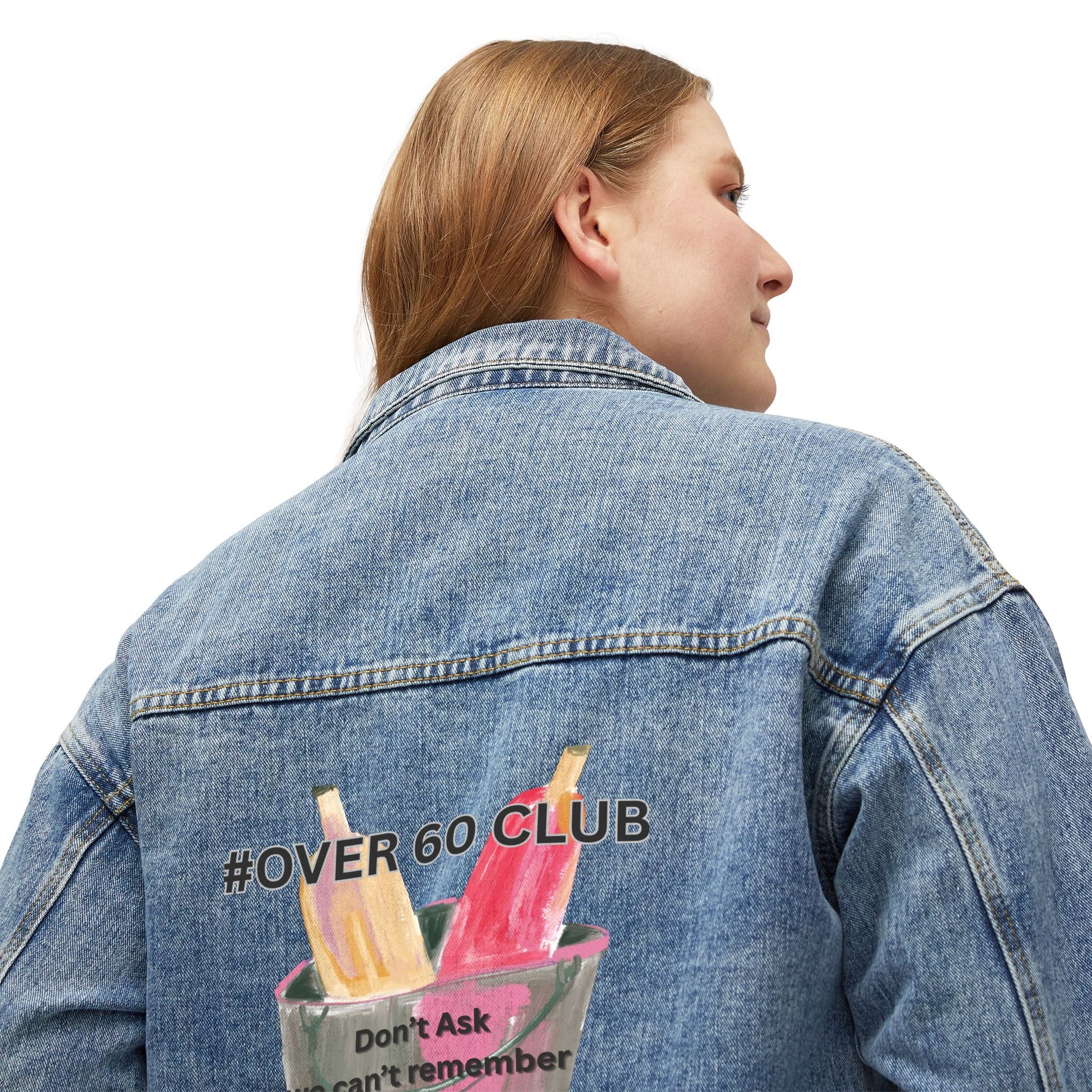 Over 60 club Women's Denim Jacket, Casual Chic Outerwear, Perfect Gift for Friends, Ideal for Parties, Everyday Style - AUNTIE VIKKI