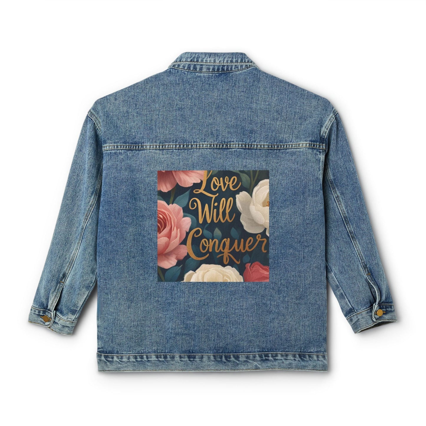 Women's Denim Jacket with Floral Love Graphic, Fashionable Outerwear, Perfect for Casual Days, Spring Outfits, Gift for Her - AUNTIEVIKKI